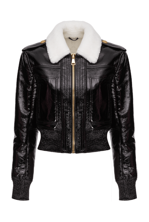 Balmain әйелдерге арналған қара лактан жасалған былғары күрте, ақ тон 173860 - фото 1
