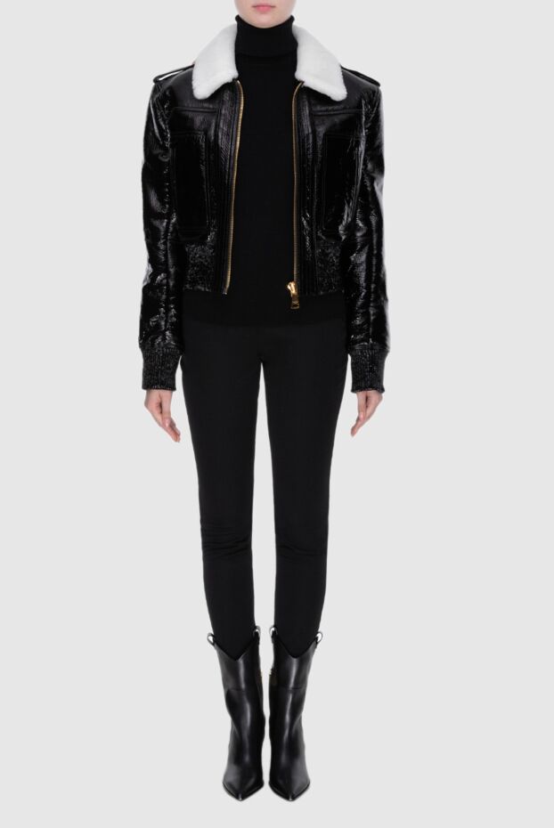 Balmain әйелдерге арналған қара лактан жасалған былғары күрте, ақ тон 173860 - фото 3