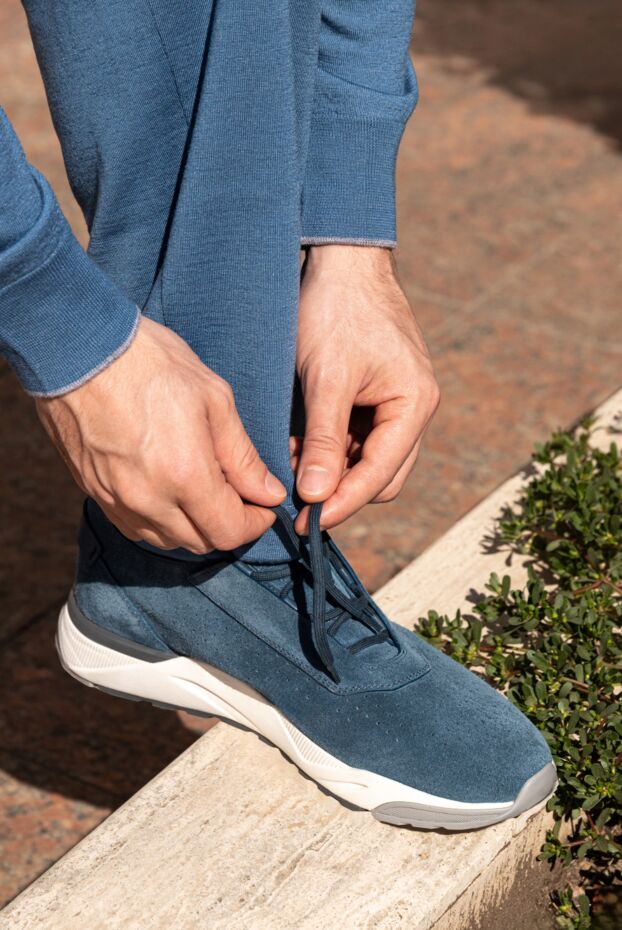 Santoni men's blue leather lace-up sneakers with perforations 174307 - photo 2
