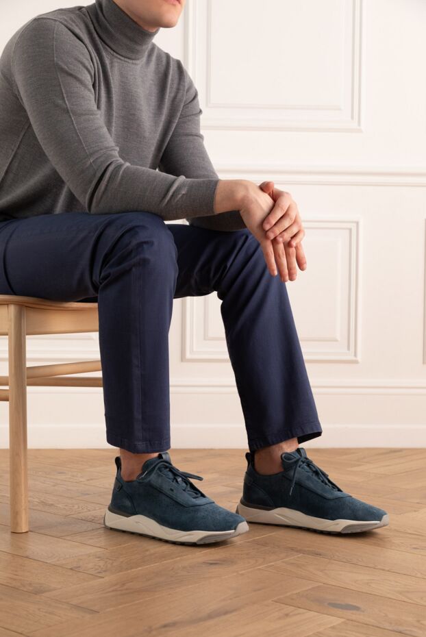 Santoni men's blue leather lace-up sneakers with perforations 174307 - photo 3
