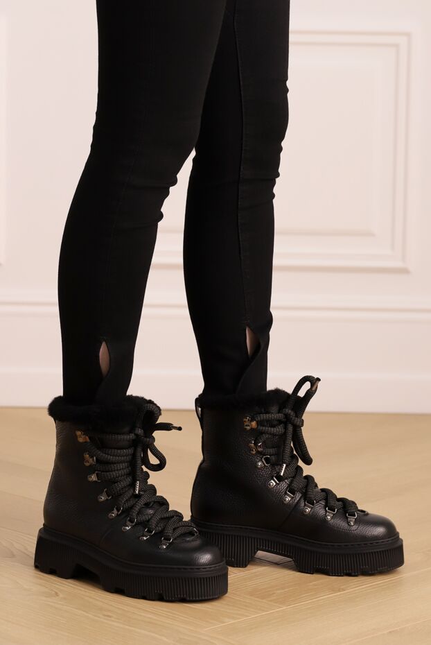 Santoni black leather hiker boots lined with fur women's 174310 - photo 2