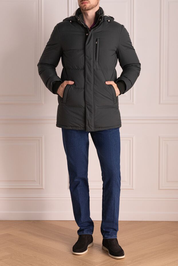 Men's down jacket green with detachable hood - photo 2