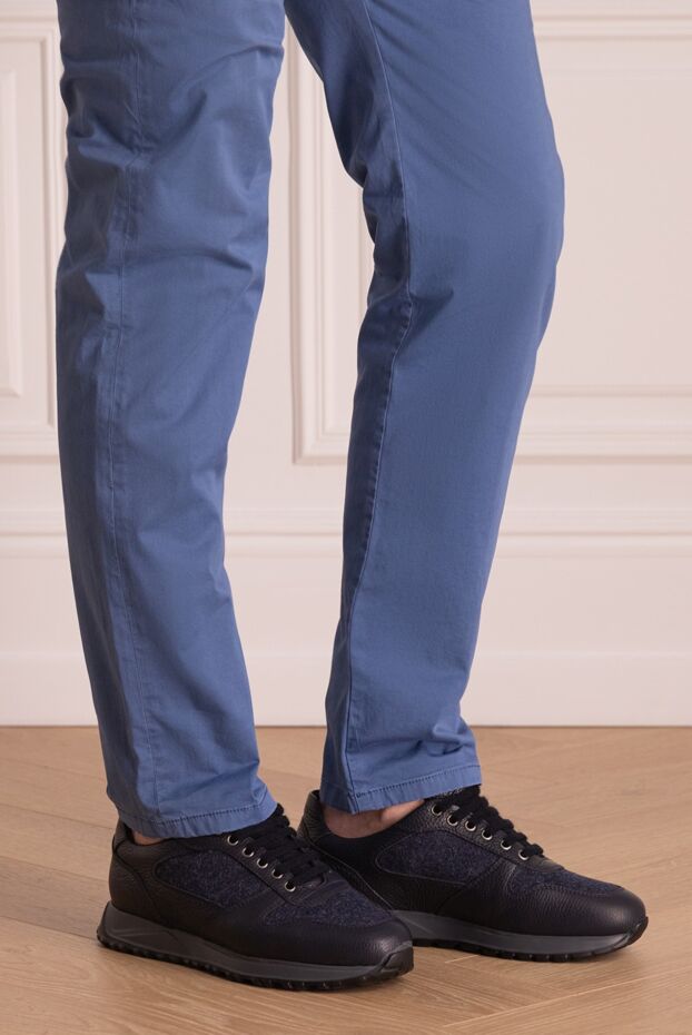 Doucal`s blue leather and wool sneakers for men 174403 - photo 2