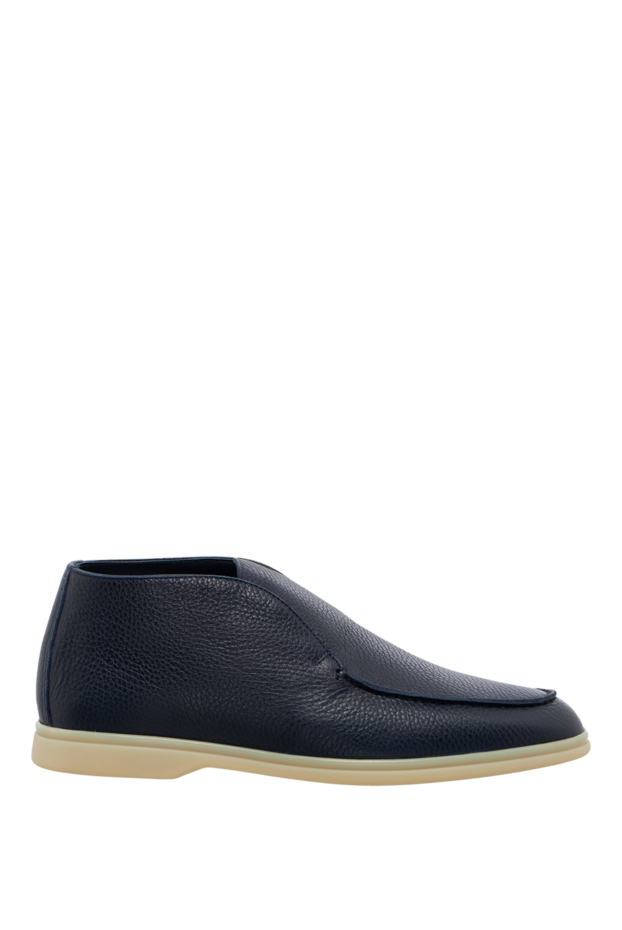 Men's blue loafers made of genuine leather and fur on a flexible contrasting sole - photo 1