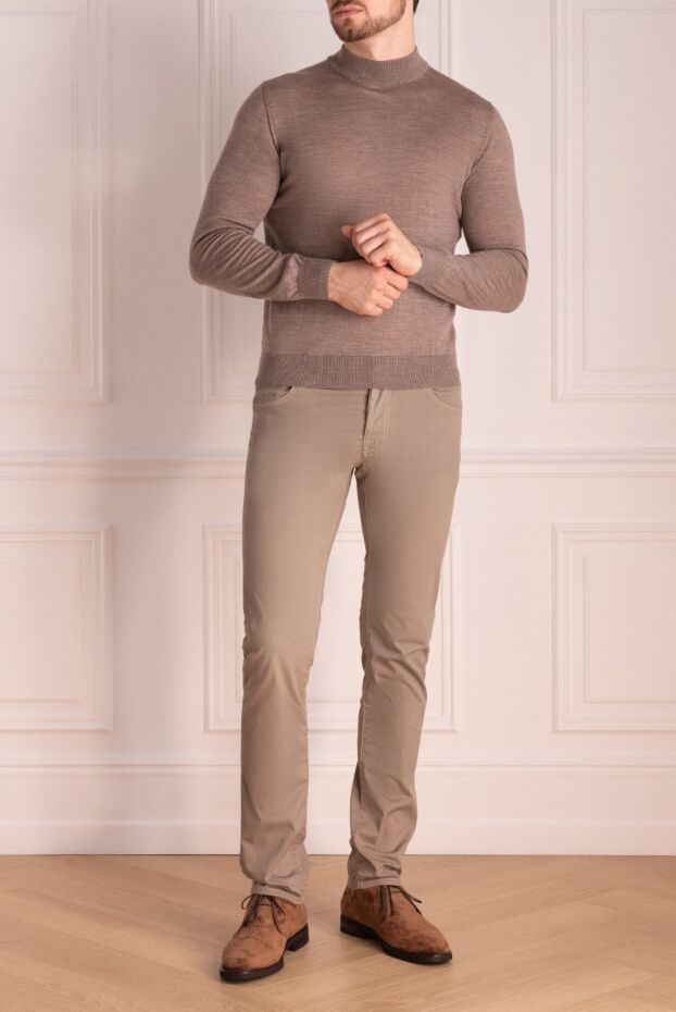 Men’s slim-fit dark beige wool jumper with a high stand-up collar - photo 2