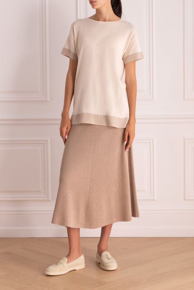 Beige cotton knit midi skirt with a tie waist - photo 2