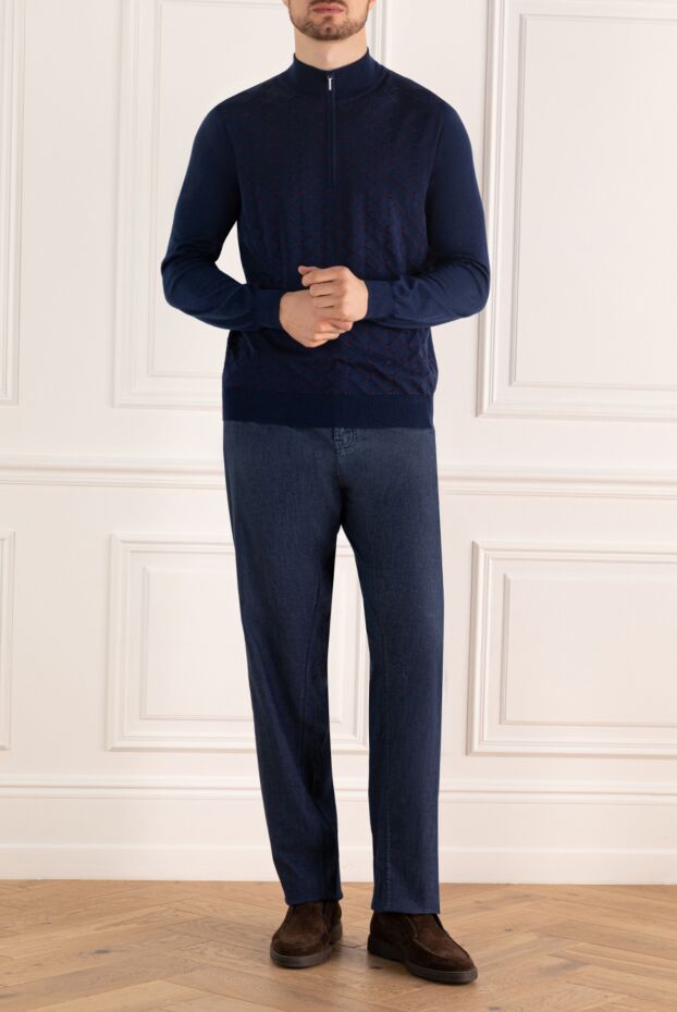 Cesare di Napoli men's blue troyer cashmere and silk patterned coat 175943 - photo 2