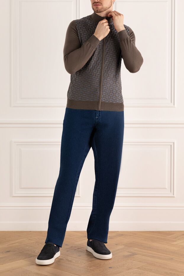 Cesare di Napoli men's cashmere silk cardigan in taupe with a geometric pattern
 176099 - photo 2