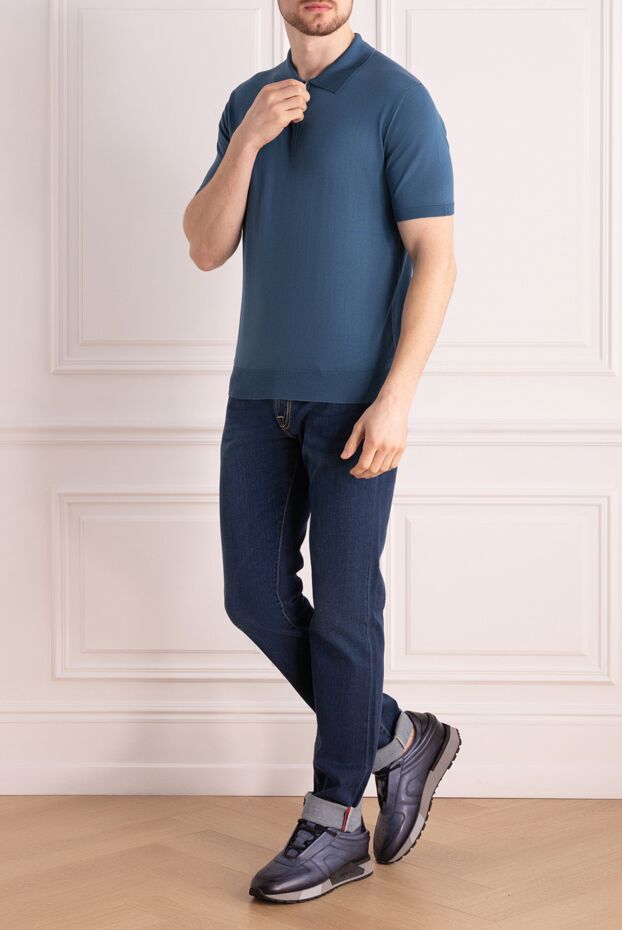 Cesare di Napoli men's solid-color blue silk polo shirt with zipper
 176889 - photo 2