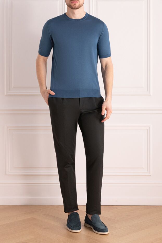 Cesare di Napoli тегіс құрылымды және қысқа жеңі бар көгілдір реңктегі ерлер жібек джемпері 176930 - фото 2