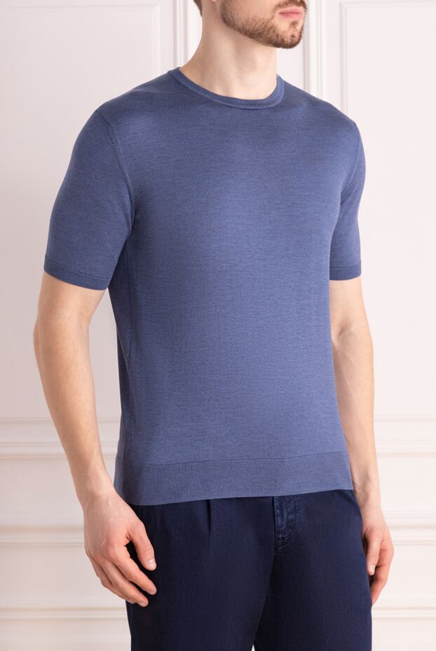 Cesare di Napoli men's short-sleeved blue silk jumper with a subtle sheen 176933 - photo 3