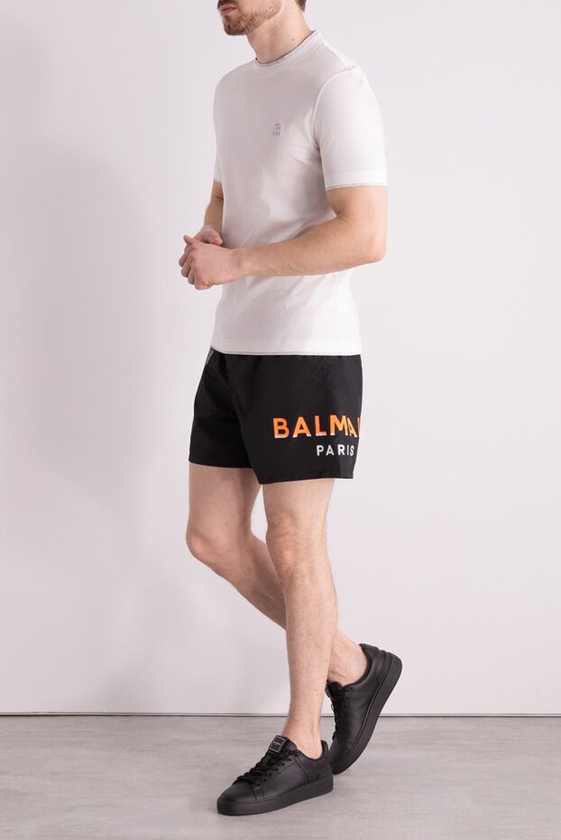Balmain Paris men's black embroidered swim shorts with elastic drawstring

 - photo 2