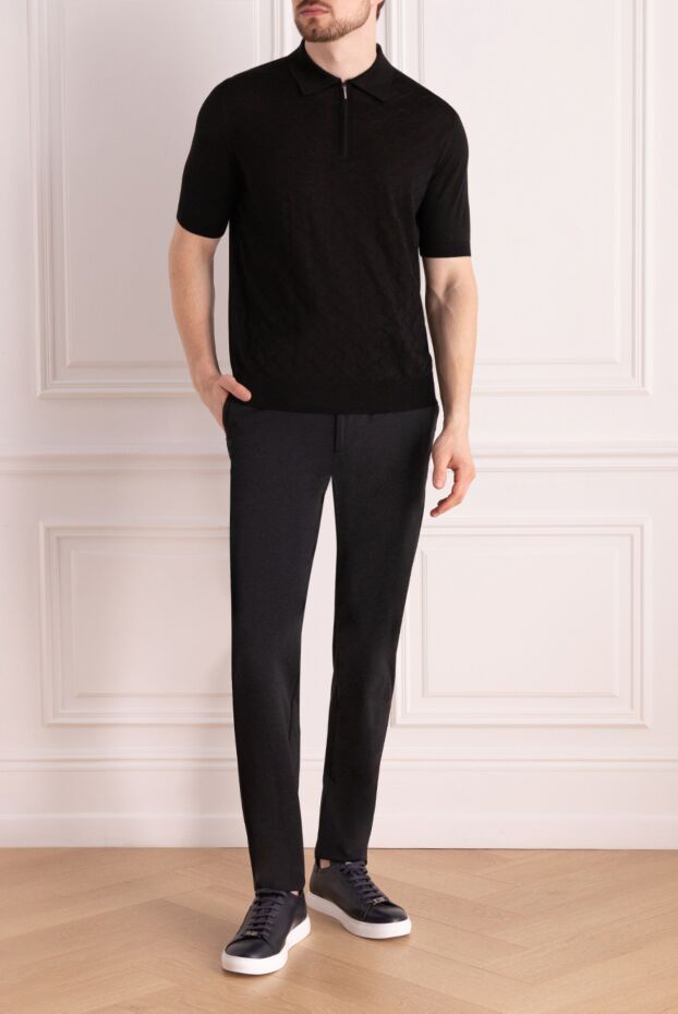 Cesare di Napoli men's black silk polo shirt with short sleeves and a zipper.
 178331 - photo 2