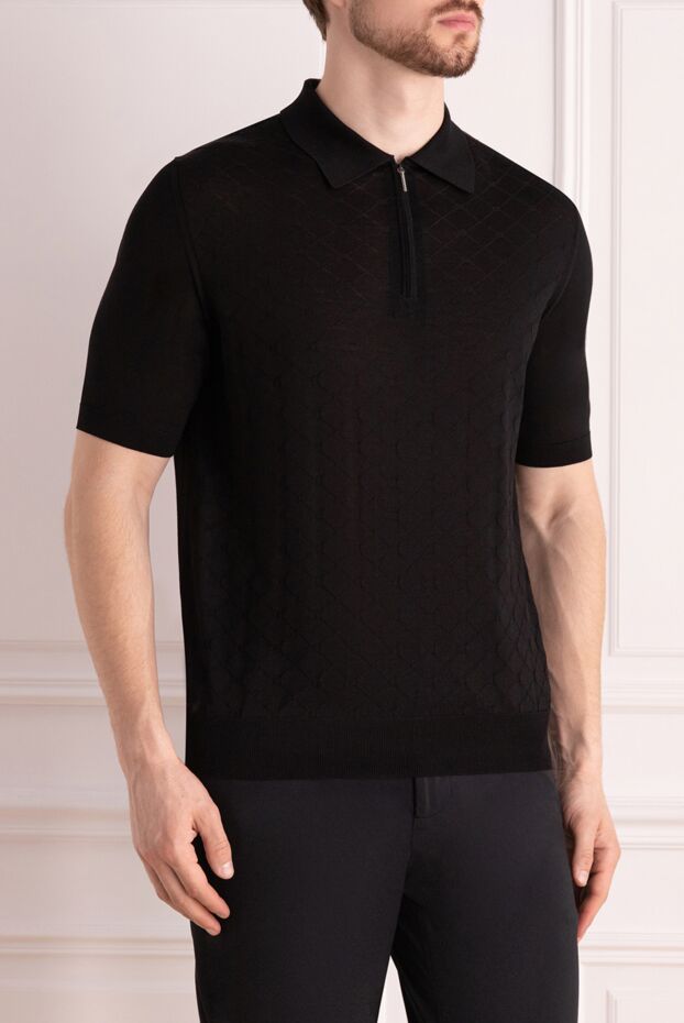 Cesare di Napoli men's black silk polo shirt with short sleeves and a zipper.
 178331 - photo 3