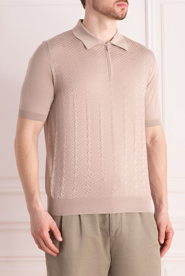 Cesare di Napoli men's beige silk polo shirt with a raised pattern and zipper
 178333 - photo 3
