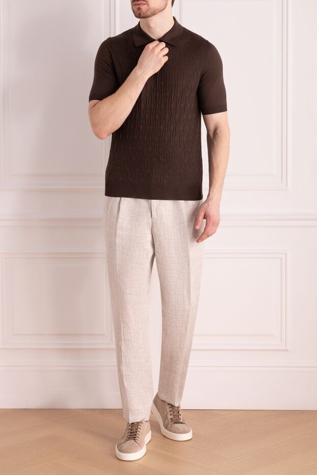 Cesare di Napoli men's brown silk polo shirt with a raised pattern
 178339 - photo 2