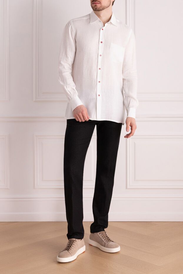 Kiton men's white linen shirt with red buttons and a chest pocket 178413 - photo 2