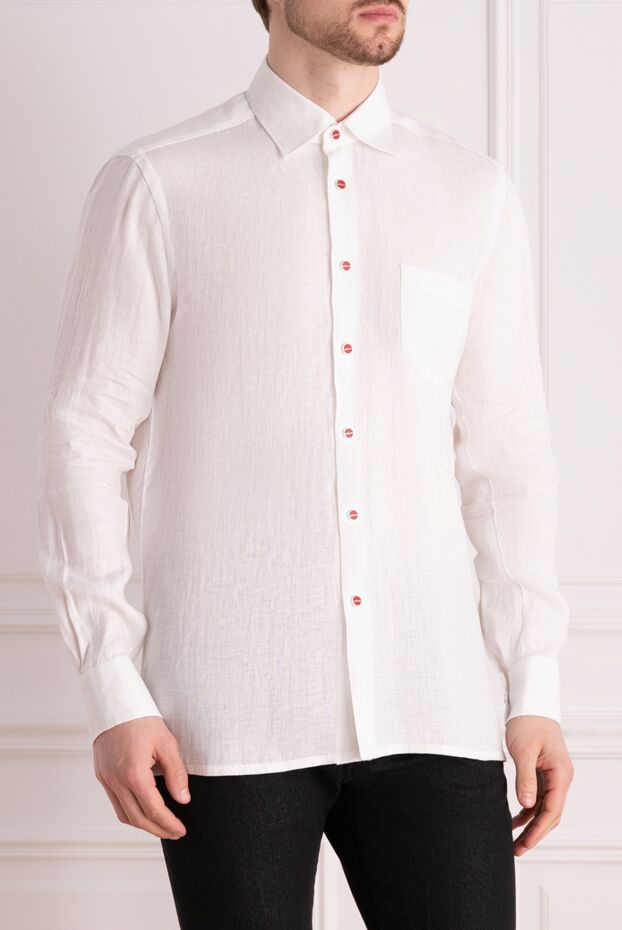 Kiton men's white linen shirt with red buttons and a chest pocket 178413 - photo 3