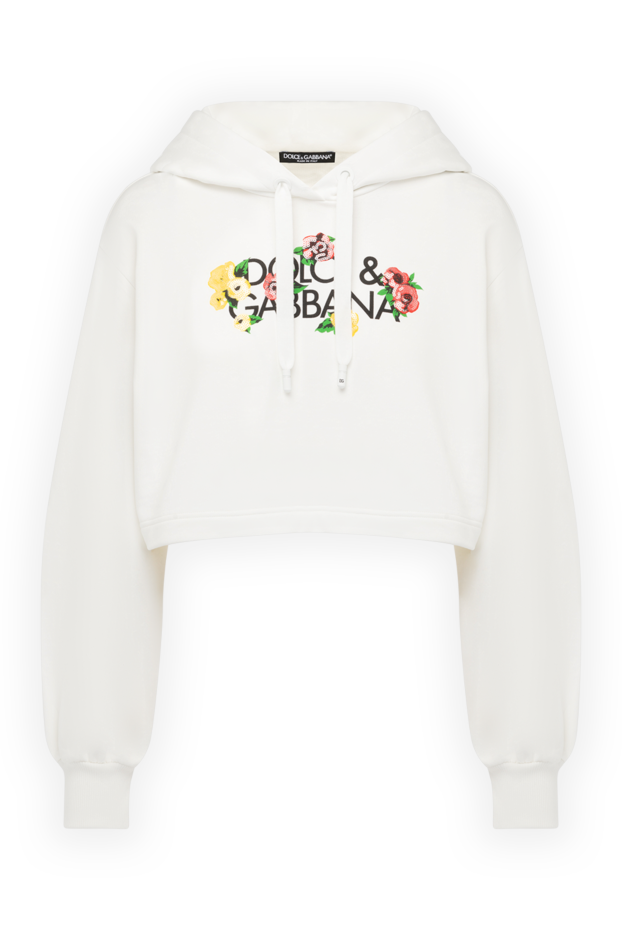 White women's crop hoodie with a bright floral design on the chest - photo 1