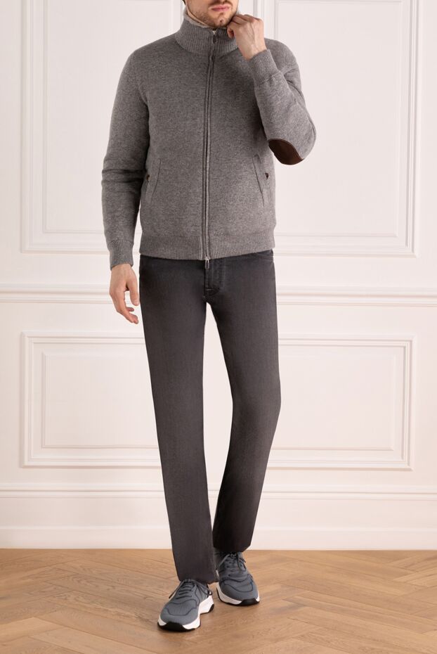 Svevo men's gray warm cashmere jacket with fur and leather elbow patches 178964 - photo 2