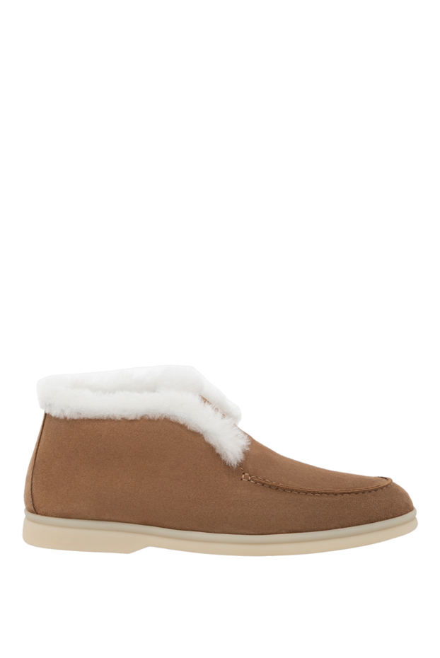 Women's beige suede loafers with fur - photo 1