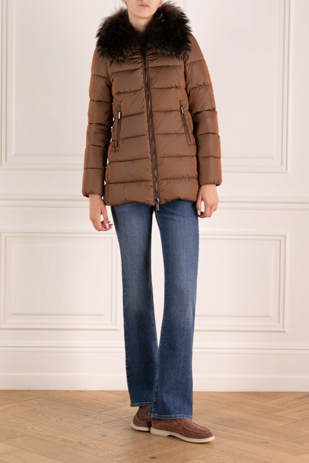 Moorer women's brown polyamide down jacket with hood with fur 180193 - photo 2