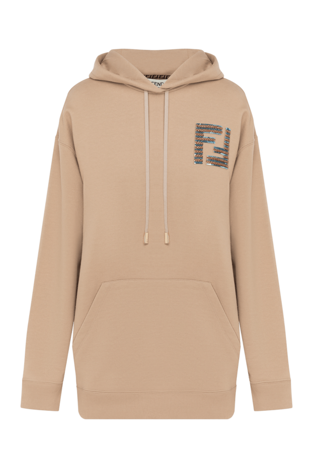 Women's beige cotton hoodie with a 3D rhinestone logo - photo 1