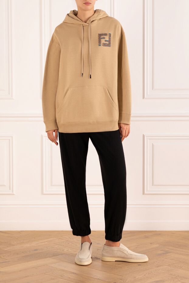 Women's beige cotton hoodie with a 3D rhinestone logo - photo 2