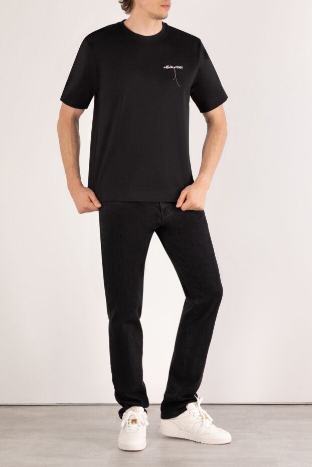 Men's black cotton T-shirt with embroidered logo on the chest - photo 2