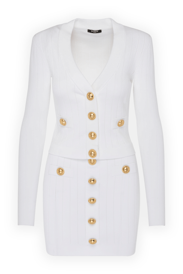 Balmain белый костюм с юбкой в рубчик с золотыми пуговицами 180761 - фото 1