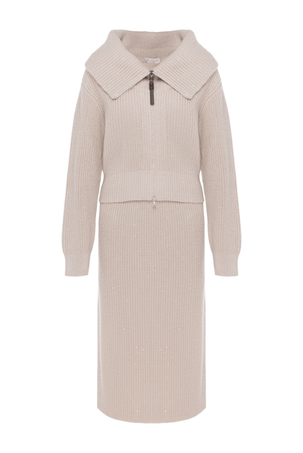 Brunello Cucinelli вязаный костюм с юбкой бежевый с широким воротником 181195 - фото 1