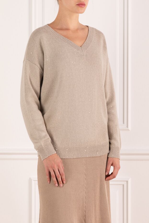 Brunello Cucinelli women's beige jumper with v-neck, cashmere and silk 181211 - photo 3