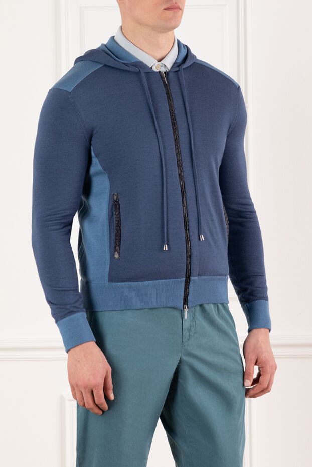 Cesare di Napoli men's blue hoodie with crocodile leather inserts 181286 - photo 3