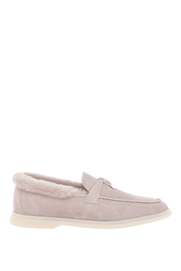 Fleur de Paris лоферы женские из светлой замши с меховой отделкой и металлическим декором бежевые 184688 - фото 1