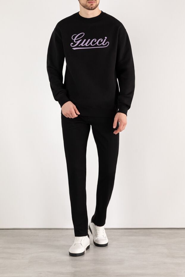 Gucci мужской свитшот черный с логотипом из хлопка 185211 - фото 3