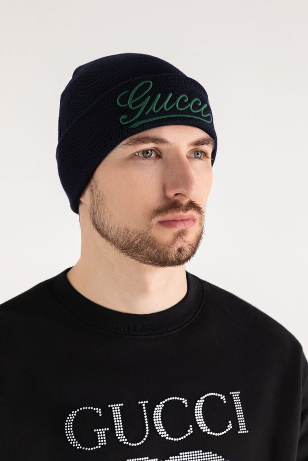 Gucci шапка шерстяная мужская синяя с вышивкой 185216 - фото 2