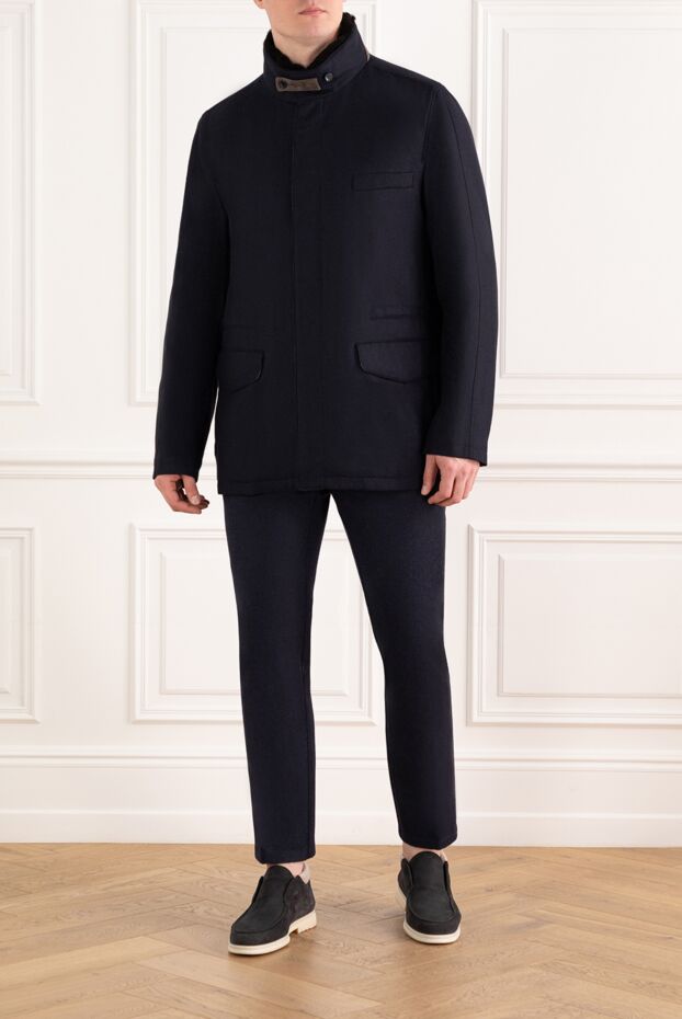 Enrico Mandelli men's navy blue wool cashmere jacket with stand-up collar 186028 - photo 2