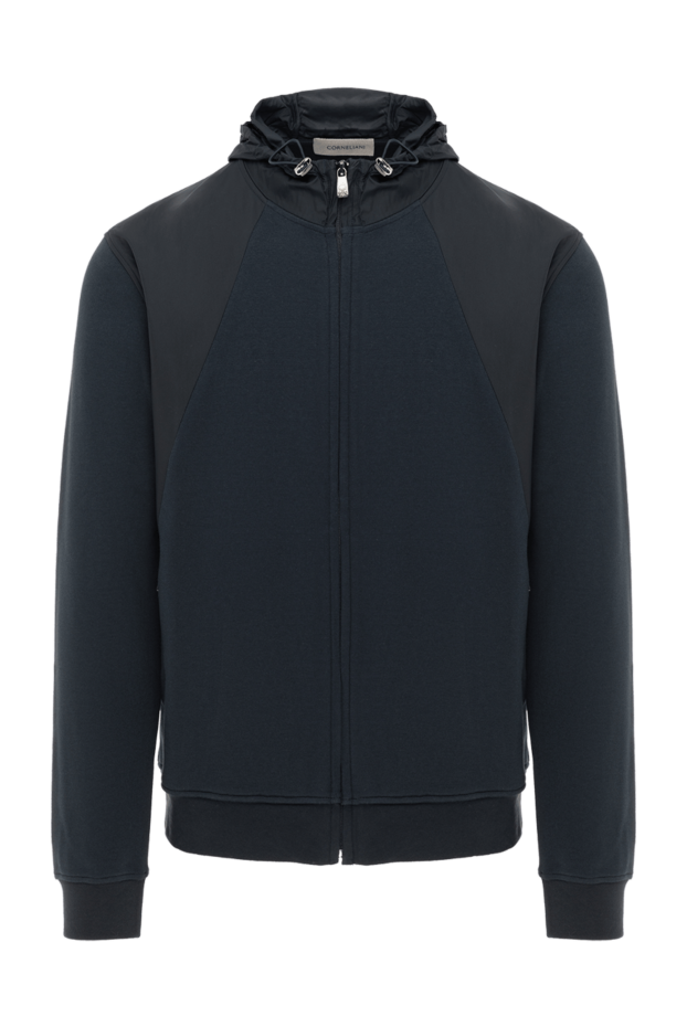 A sporty blue sweatshirt made of soft material with a hood.
- photo 1