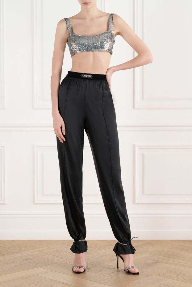 Tom Ford әйелдерге арналған логотипі бар қара атлас шалбар 187098 - фото 2