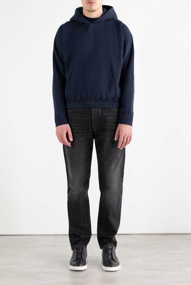 Blue cotton hoodie with hood and embroidered logo - photo 2