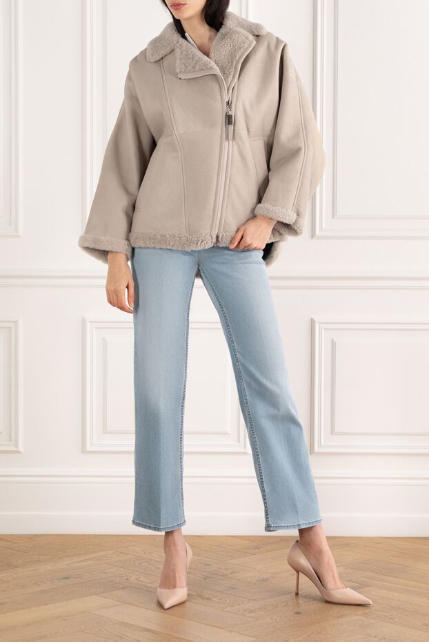 Brunello Cucinelli beige women's sheepskin coat with bias zipper 187311 - photo 2