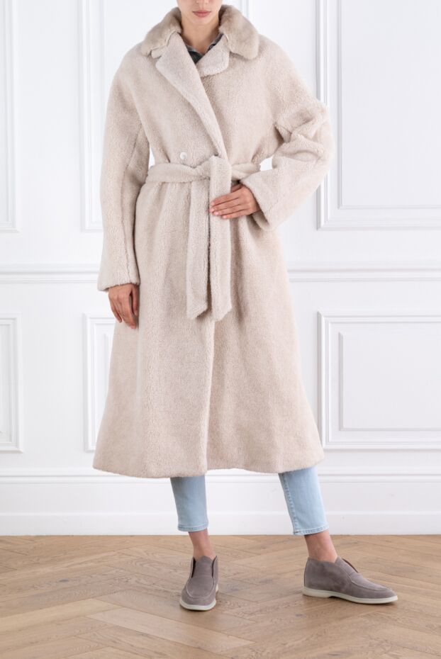 Enrico Mandelli beige double-breasted fur coat with belt 188291 - photo 2