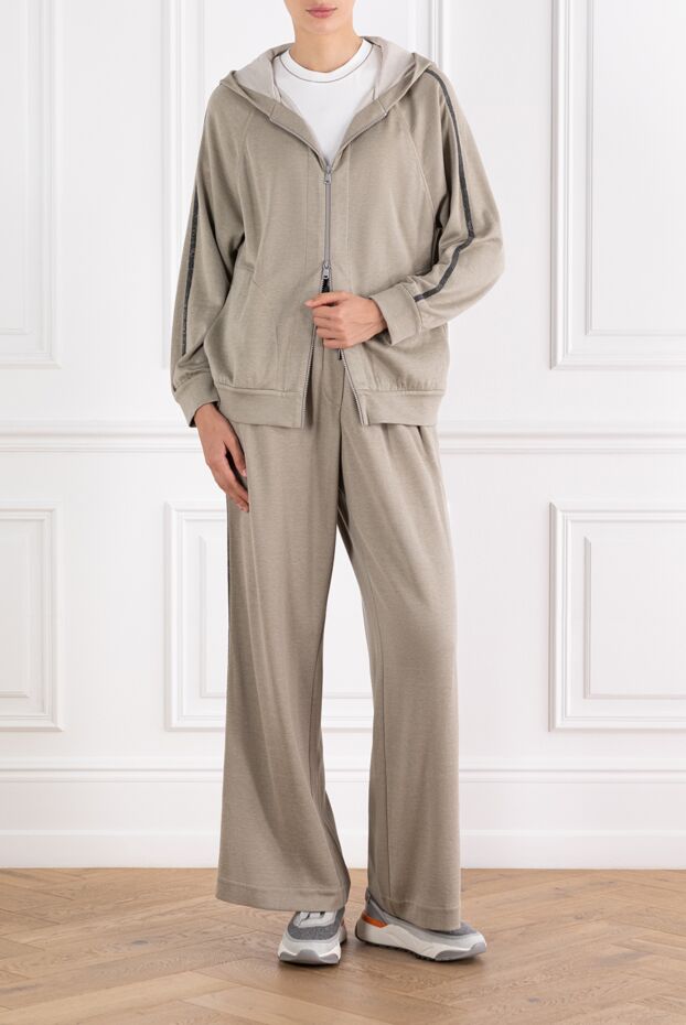 Brunello Cucinelli спортивный костюм женский из шелкового хлопка с капюшоном бежевый 188384 - фото 2