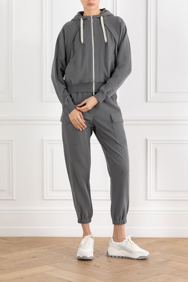 Brunello Cucinelli серый спортивный костюм женский из хлопка с капюшоном и цепочкой мониль 188385 - фото 2