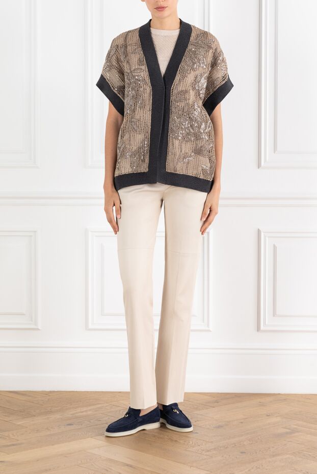 Brunello Cucinelli brown cotton mesh cardigan with floral embroidery 188427 - photo 2