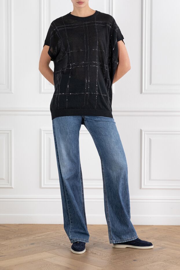 Brunello Cucinelli linen crew neck top in large check 188431 - photo 2