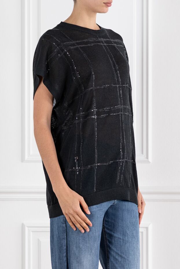 Brunello Cucinelli linen crew neck top in large check 188431 - photo 3
