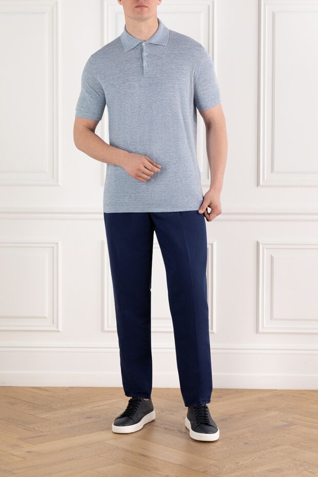 Brunello Cucinelli men's blue linen cotton drawstring trousers with pinch details 188686 - photo 2