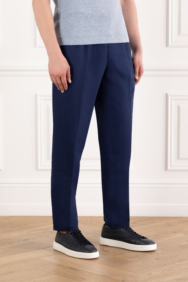 Brunello Cucinelli men's blue linen cotton drawstring trousers with pinch details 188686 - photo 3