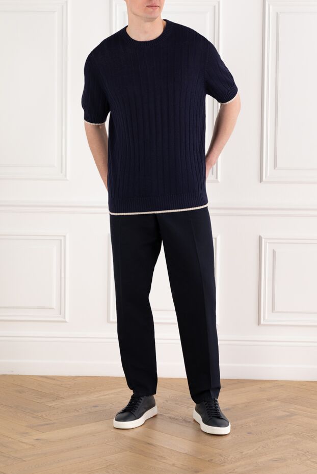 Brunello Cucinelli зығыр және мақта матадан, көк түсті жалпақ қырлы өрнегі бар футболка 188741 - фото 2